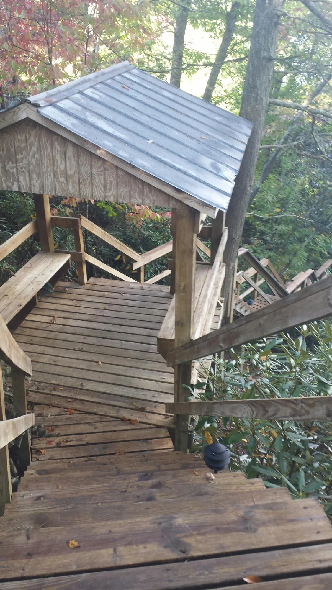 Metal roofed shelter over wooden steps on a wooded walkway — Skylight Repair & Installation work by our crew in Sunman